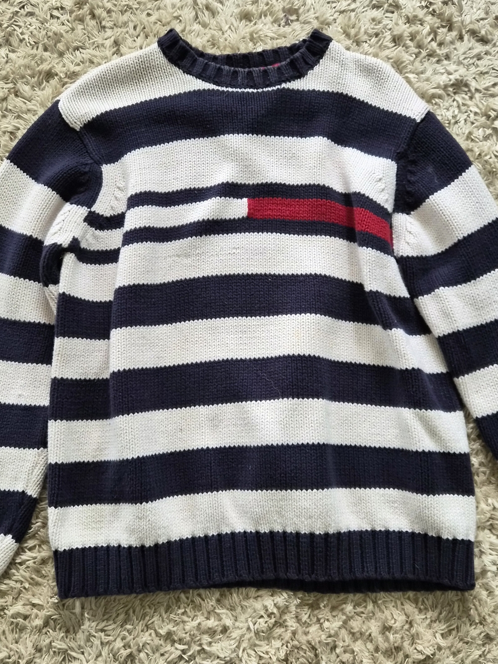 Tommy Hilfiger Women's Navy, White & Red Striped Crewneck Sweater